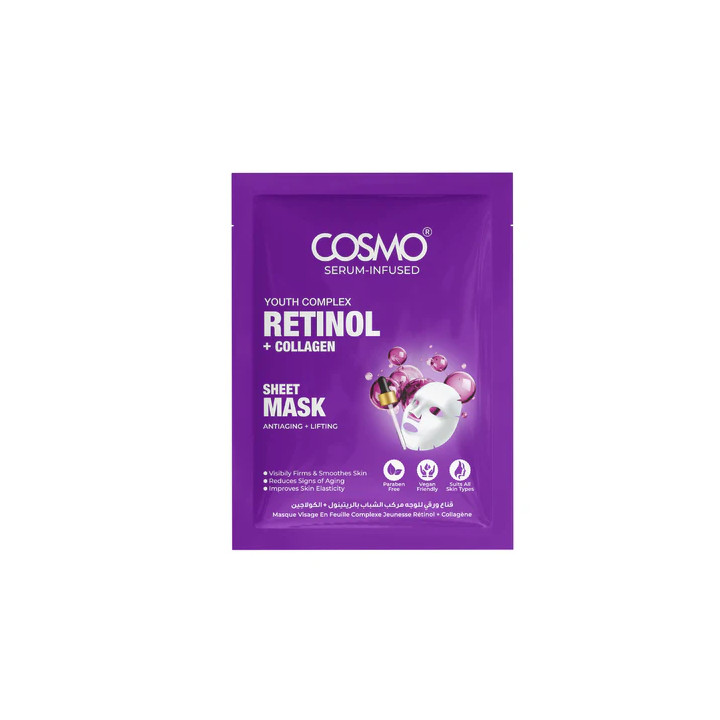 Masque tissu Rétinol & Collagène de Cosmo, hydratation visage , éclat